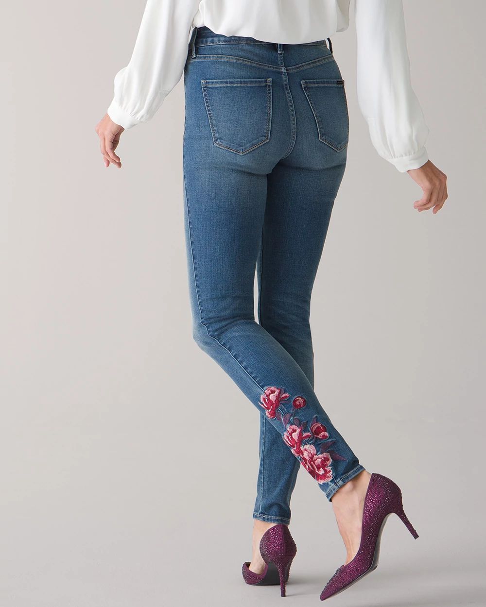 Rose embroidered skinny jeans deals