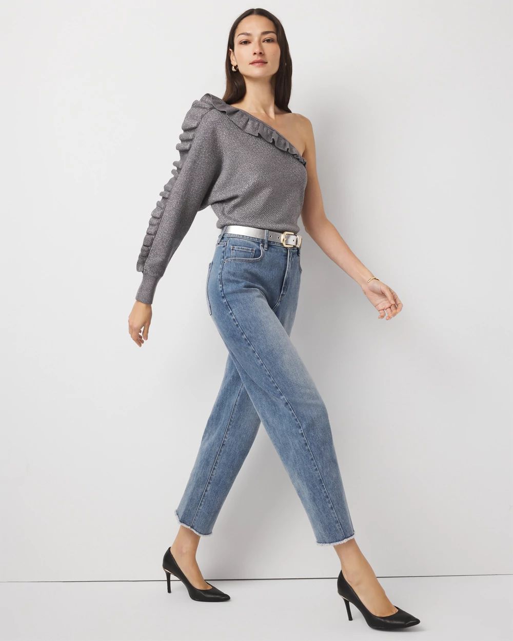 Metallic Ruffle One-Shoulder Sweater click to view larger image.