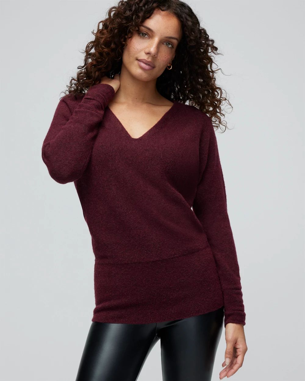 V-Neck Shirred Sleeve Tunic Pullover Sweater