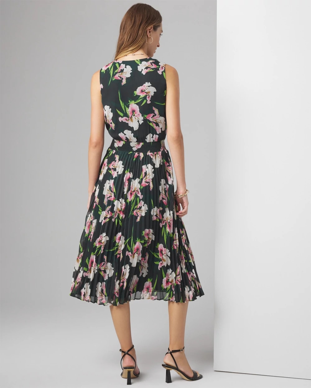 Sleeveless V-Neck Smocked Pleated Midi Dress