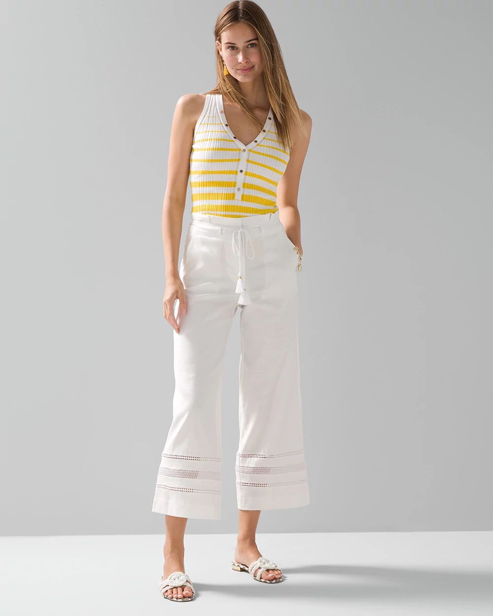 Linen-Blend Tassel-Tie Wide-Leg Crop Pants