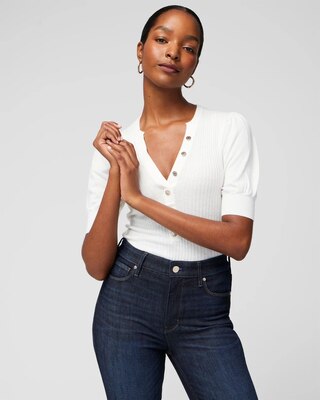 Elbow Sleeve Cashmere Blend Puff Henley Sweater