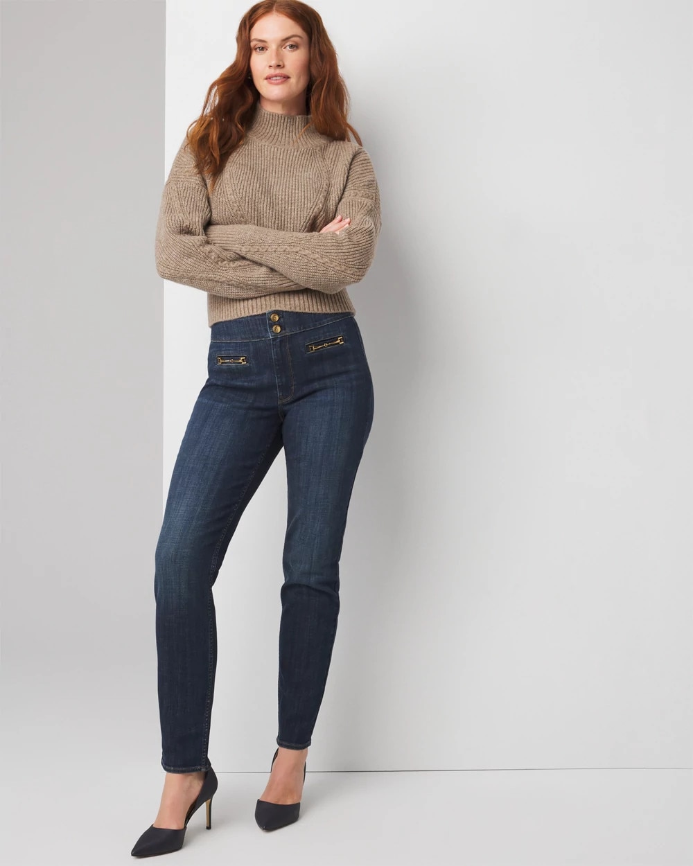 High-Rise Horsebit Slim Jeans