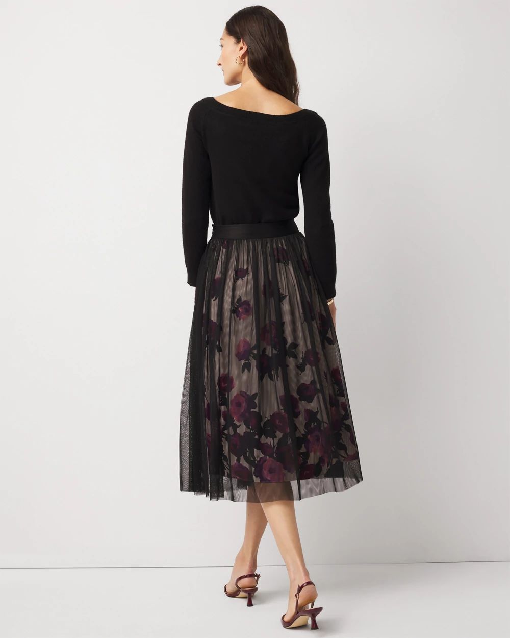Tulle Overlay Floral Midi Skirt