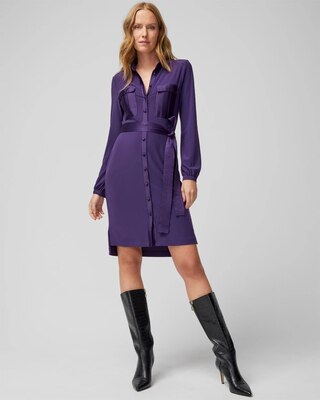 Long Sleeve Matte Jersey Shirtdress With Satin