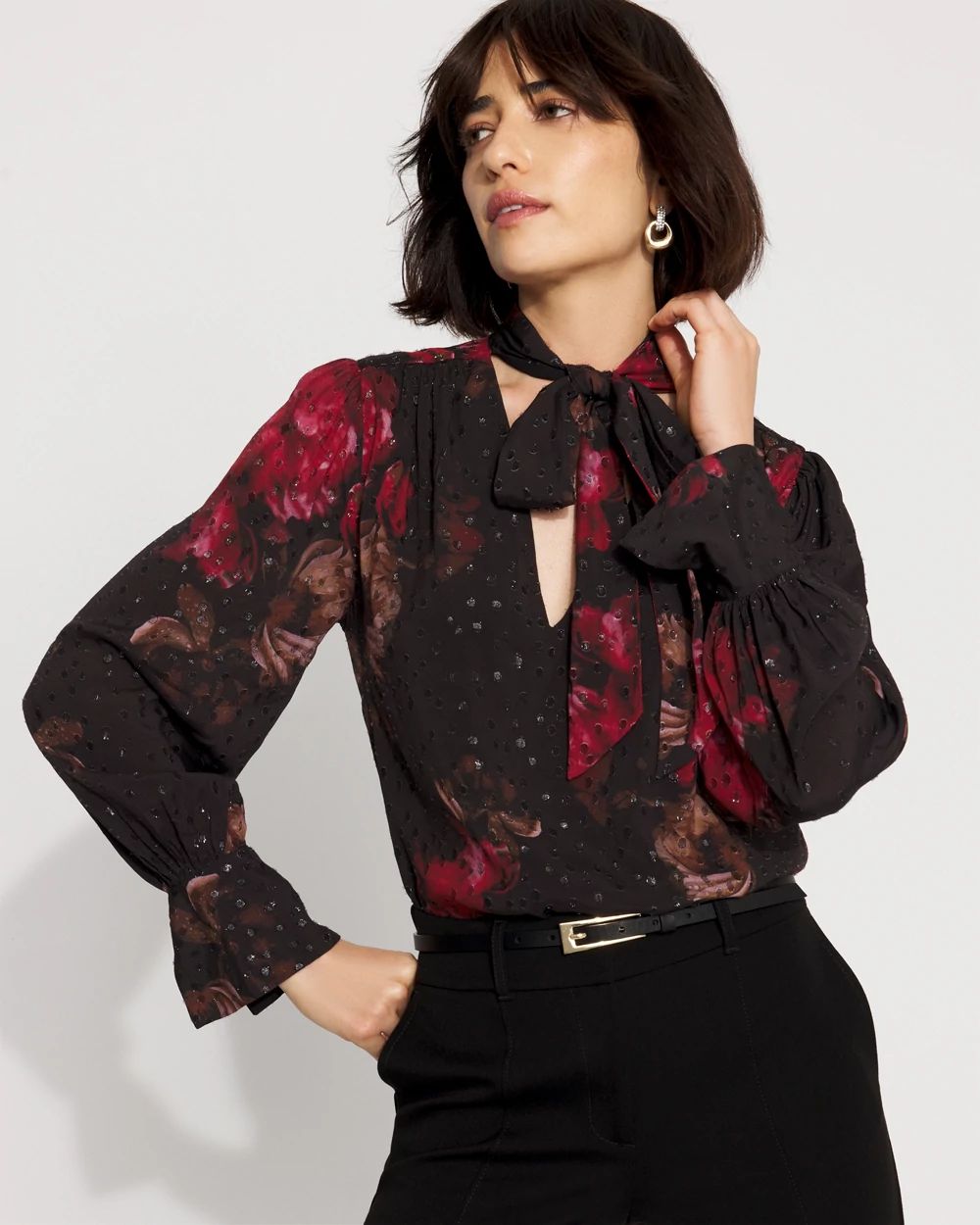 Jacquard Tie-Neck Blouse
