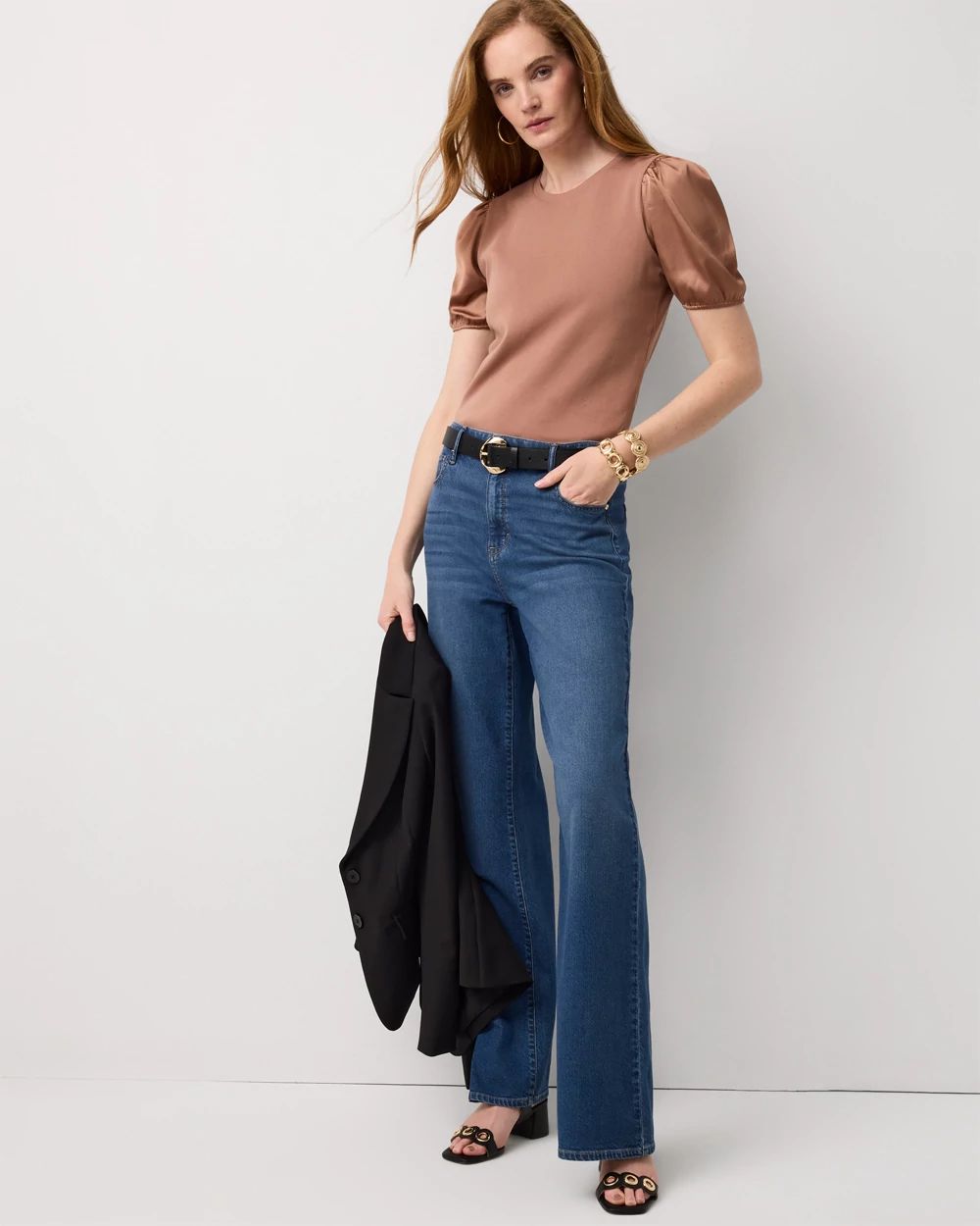 Satin Puff Sleeve Knit Tee click to view larger image.