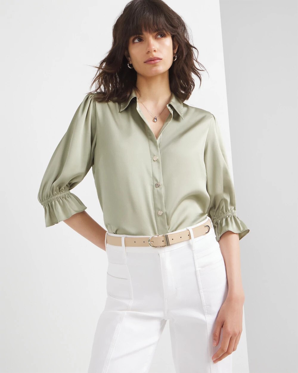 white satin button front shirt