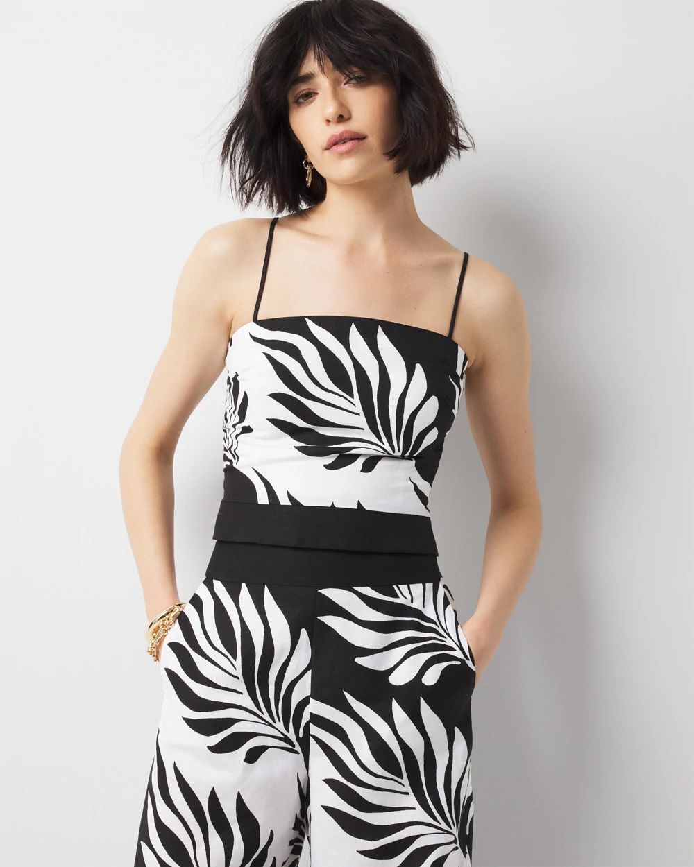 Linen-Blend Palm Print Bustier