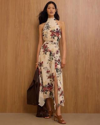 Handkerchief Hem Chiffon Halter Midi Dress