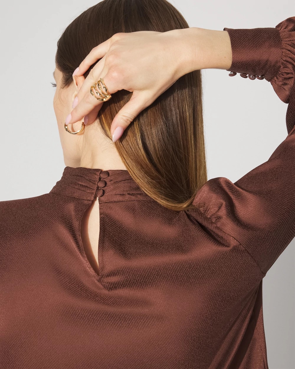 Petite Mock Neck Satin Jacquard Blouse