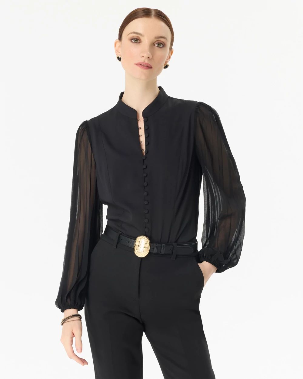 Crepe + Chiffon Button Front Blouse