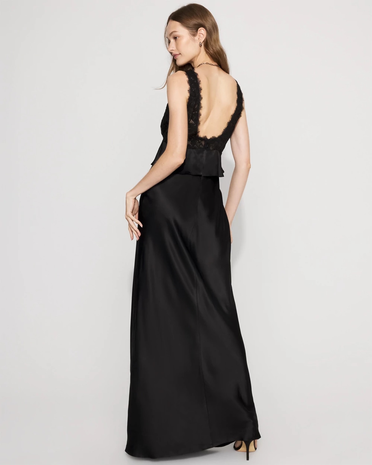 White House Black Market Lace + Satin Peplum Maxi Dress In Black