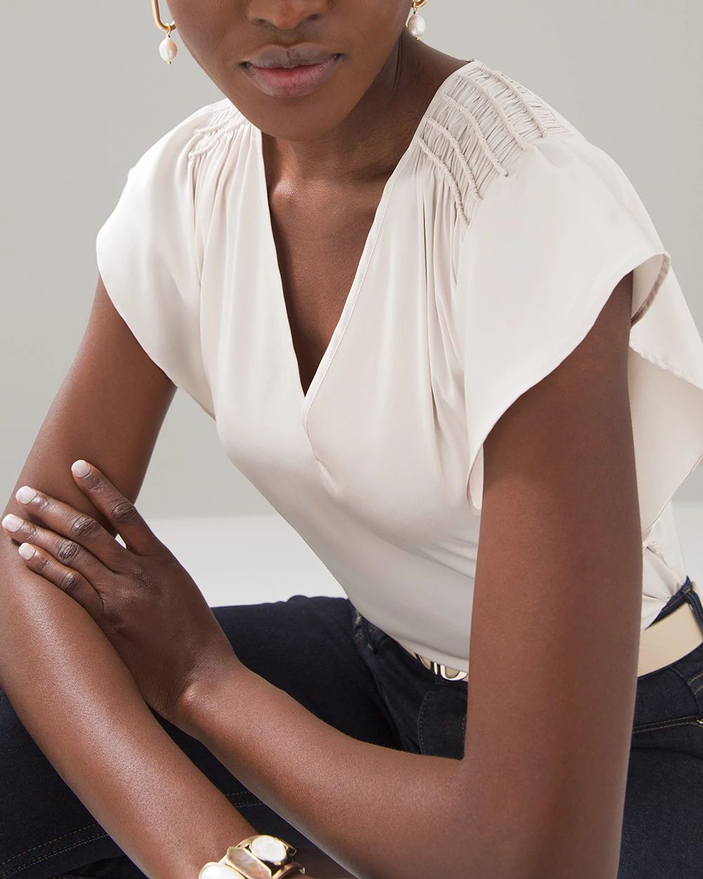Flutter-Sleeve V-Neck Top click to view larger image.