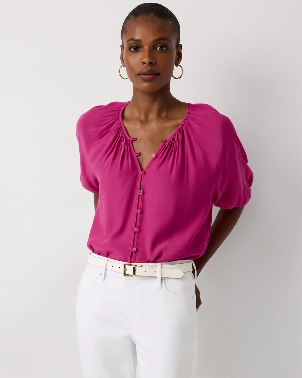 Elbow Sleeve Button Front Blouse