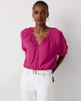 Elbow Sleeve Button Front Blouse