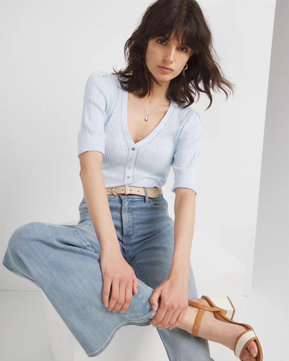 Cashmere Blend Elbow-Sleeve Henley Sweater