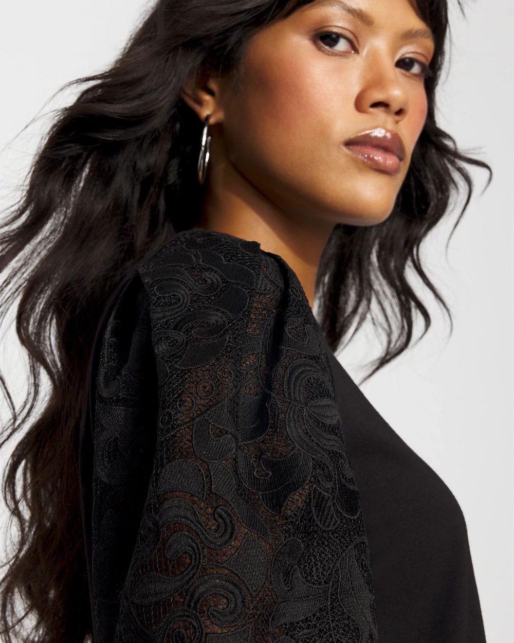 Pleated Lace Sleeve Crewneck Tee