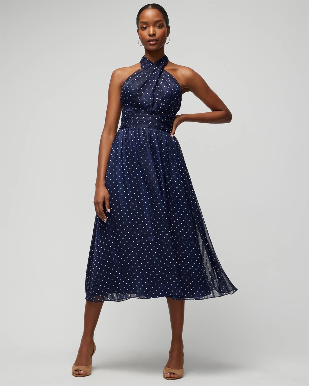 Criss-Cross Halter Fit-N-Flare Midi Dress | White House Black Market
