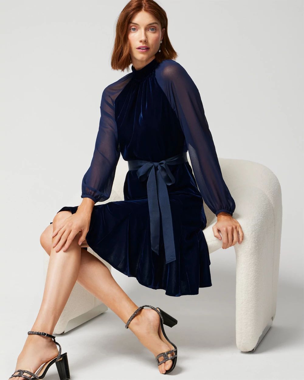 Petite Long Sleeve Sheer Sleeveless Velvet Mini Dress