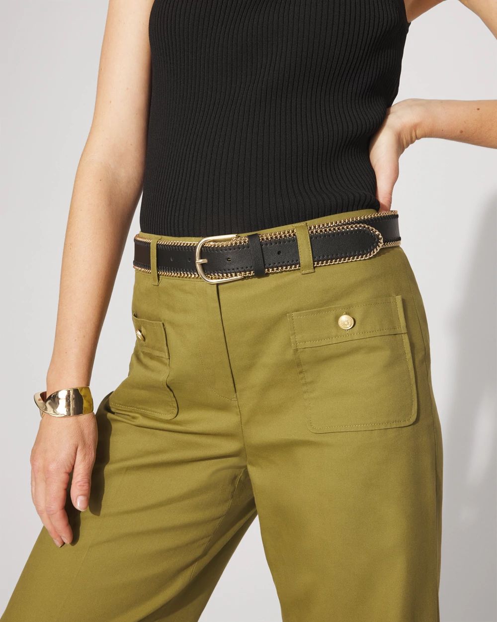Faux Leather Belt with Chain Trim