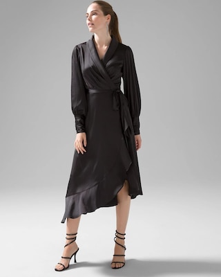 Long Sleeve Satin Ruffle Wrap Dress