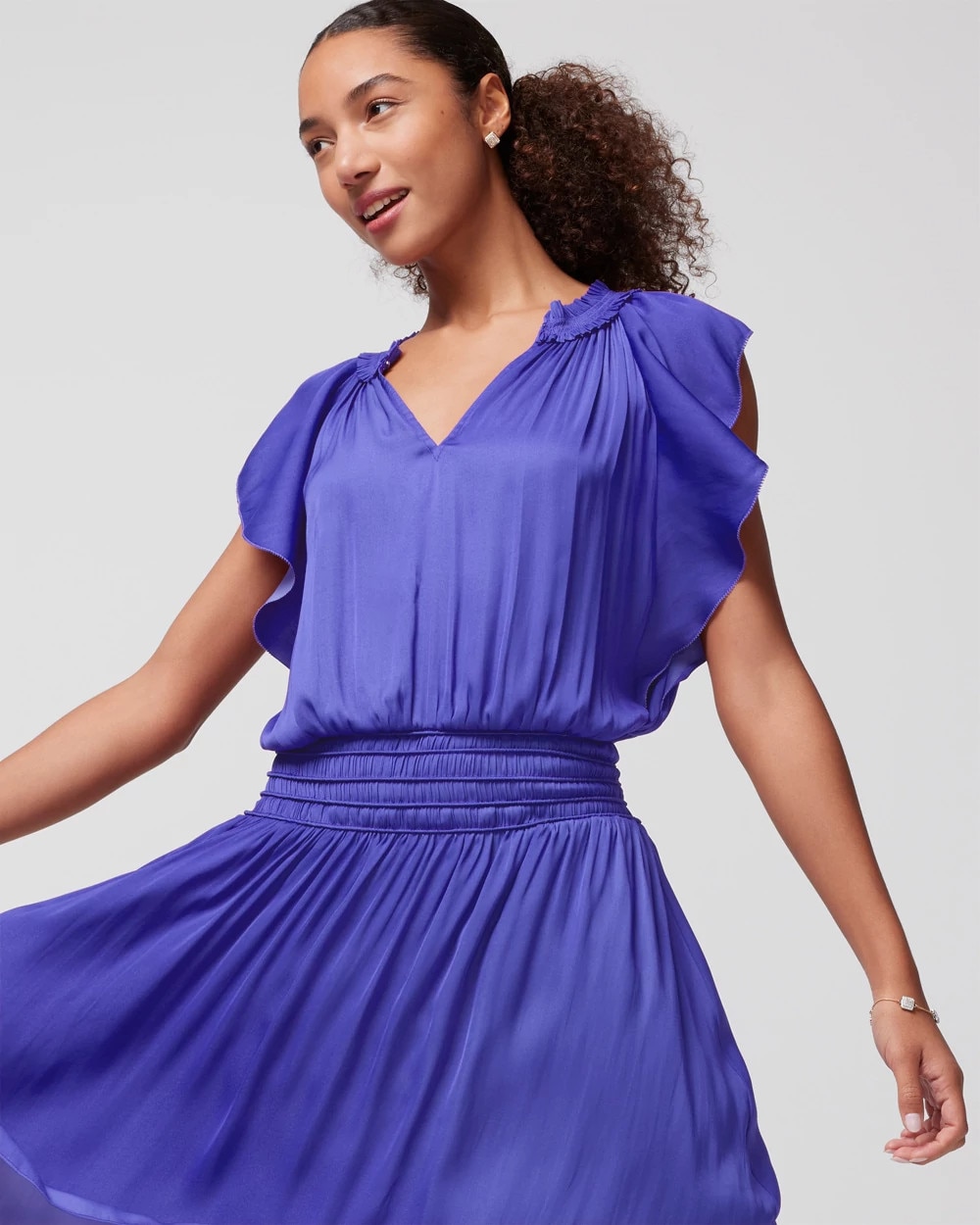 Flutter Sleeve Smocked Waist Midi Dress