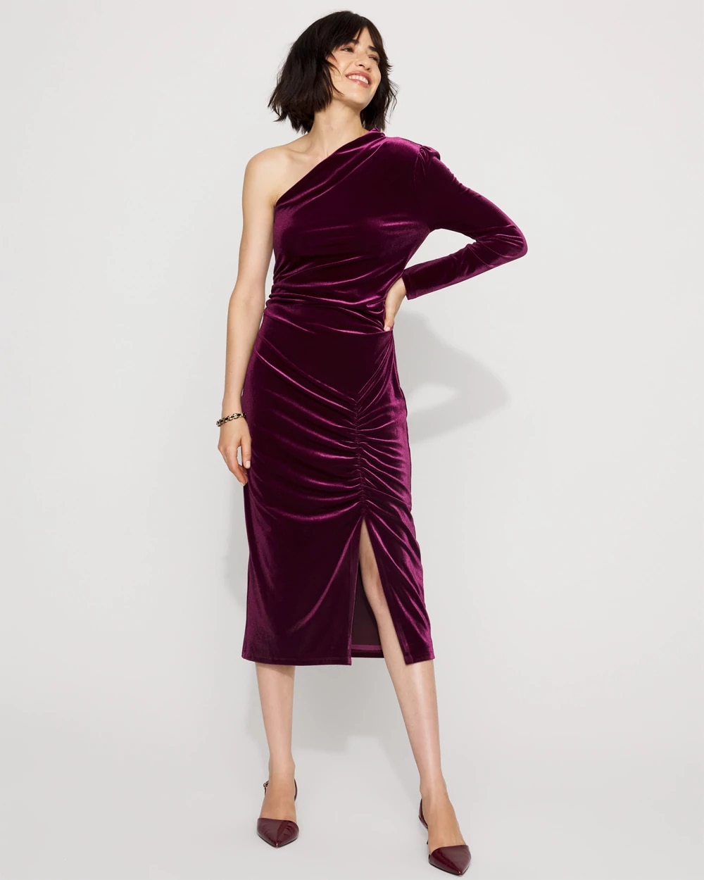 One-Shoulder Velvet Bodycon Dress | White House Black Market One-Shoulder Velvet Bodycon Dress | White House Black Market