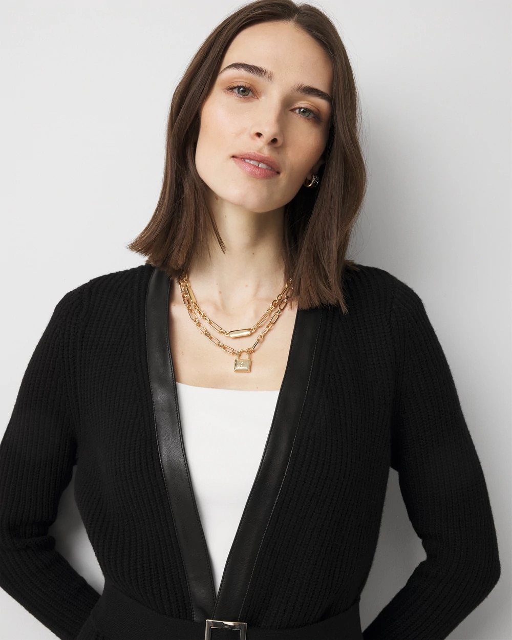 Petite Faux Leather Trim Cardigan