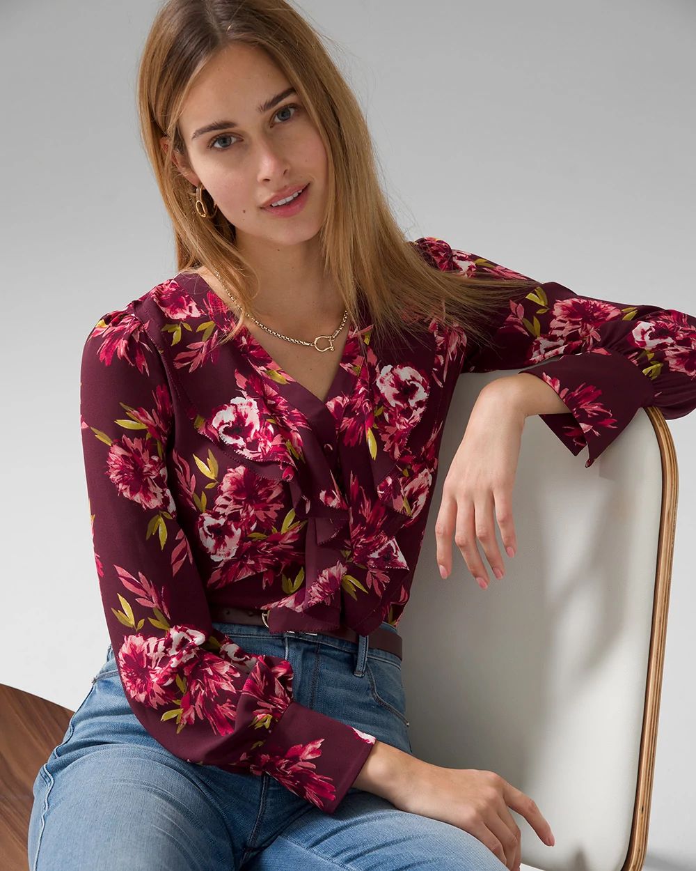 Long Sleeve Ruffle Front Blouse click to view larger image.