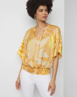 Elbow-Sleeve Smocked Bottom Kimono