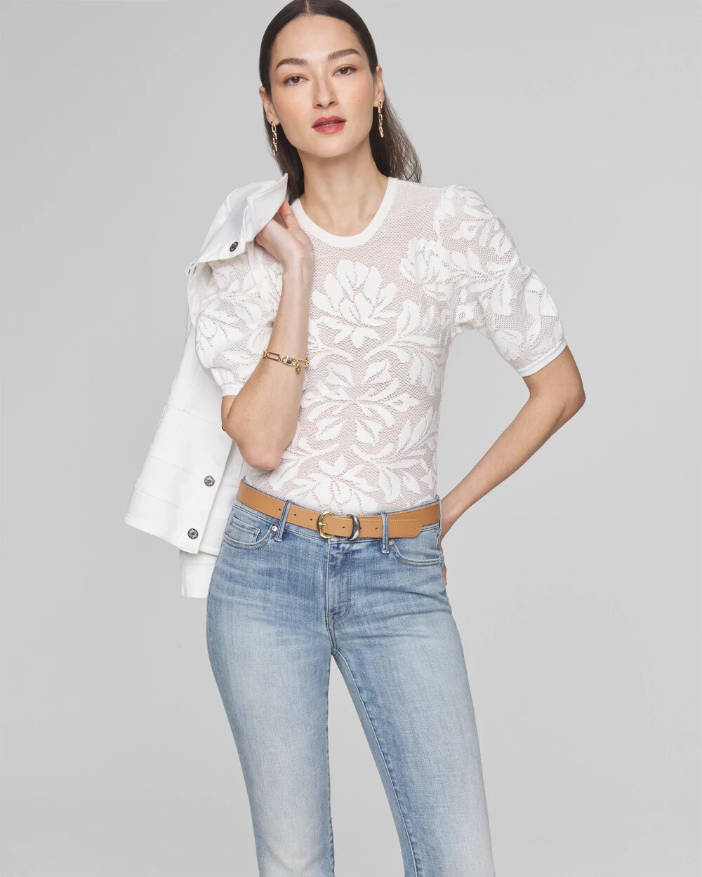 Puff Sleeve Jacquard Pullover Sweater - image 1