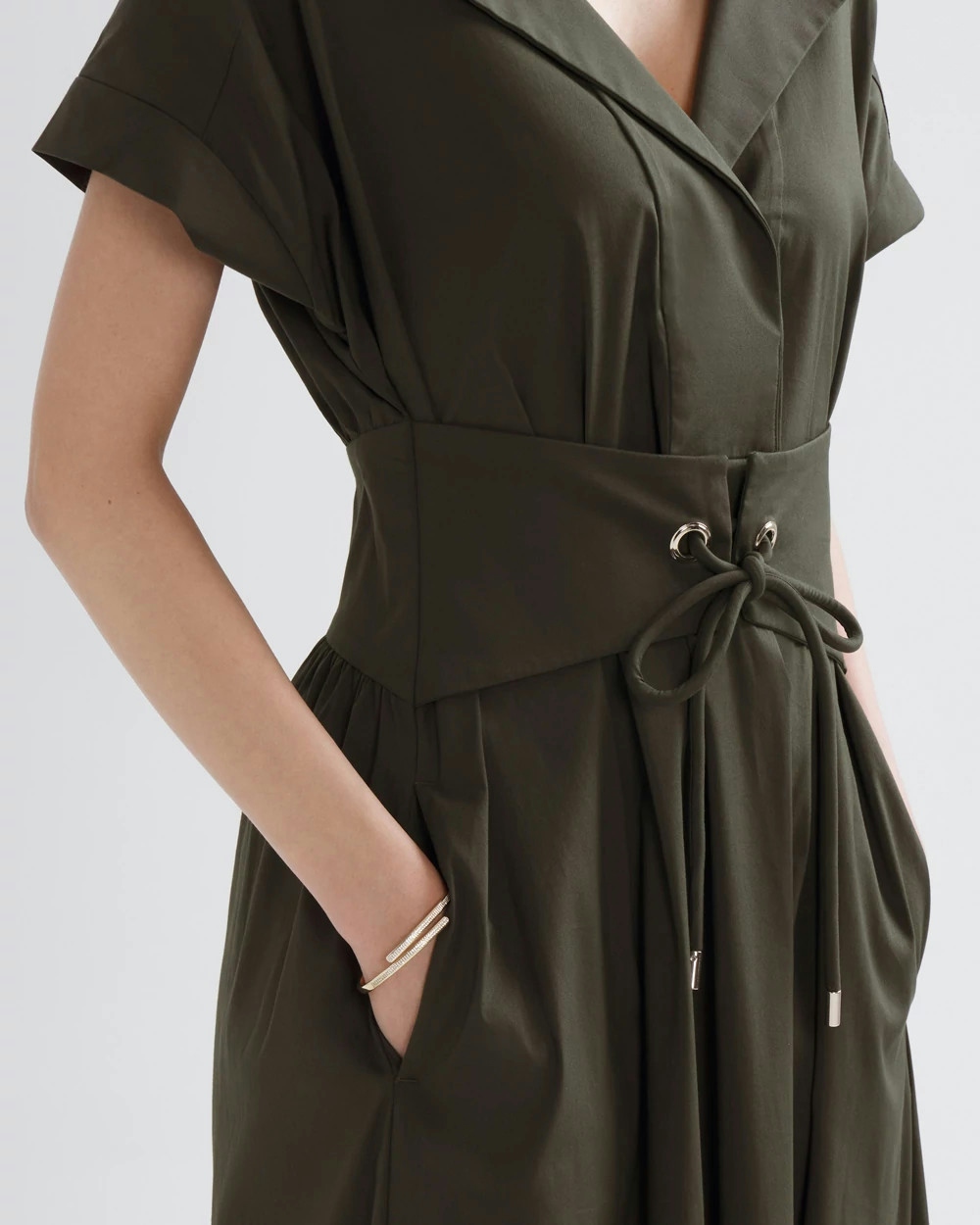 Shop White House Black Market Short Sleeve Collar Poplin Midi Dress In Olive Green