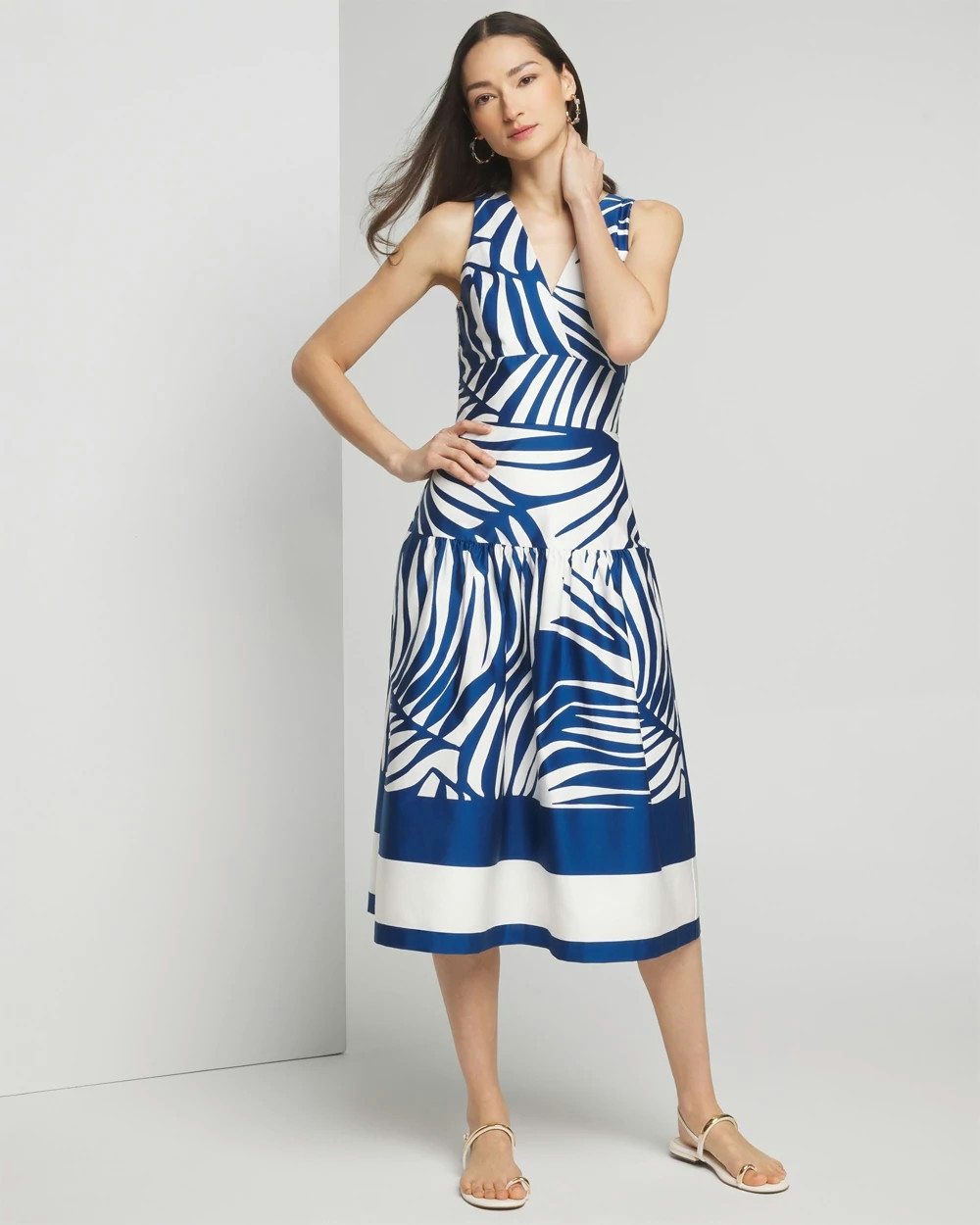 Shop White House Black Market Sleeveless V-neck Sateen Midi Dress In Palm Xl Brd Endless Blu