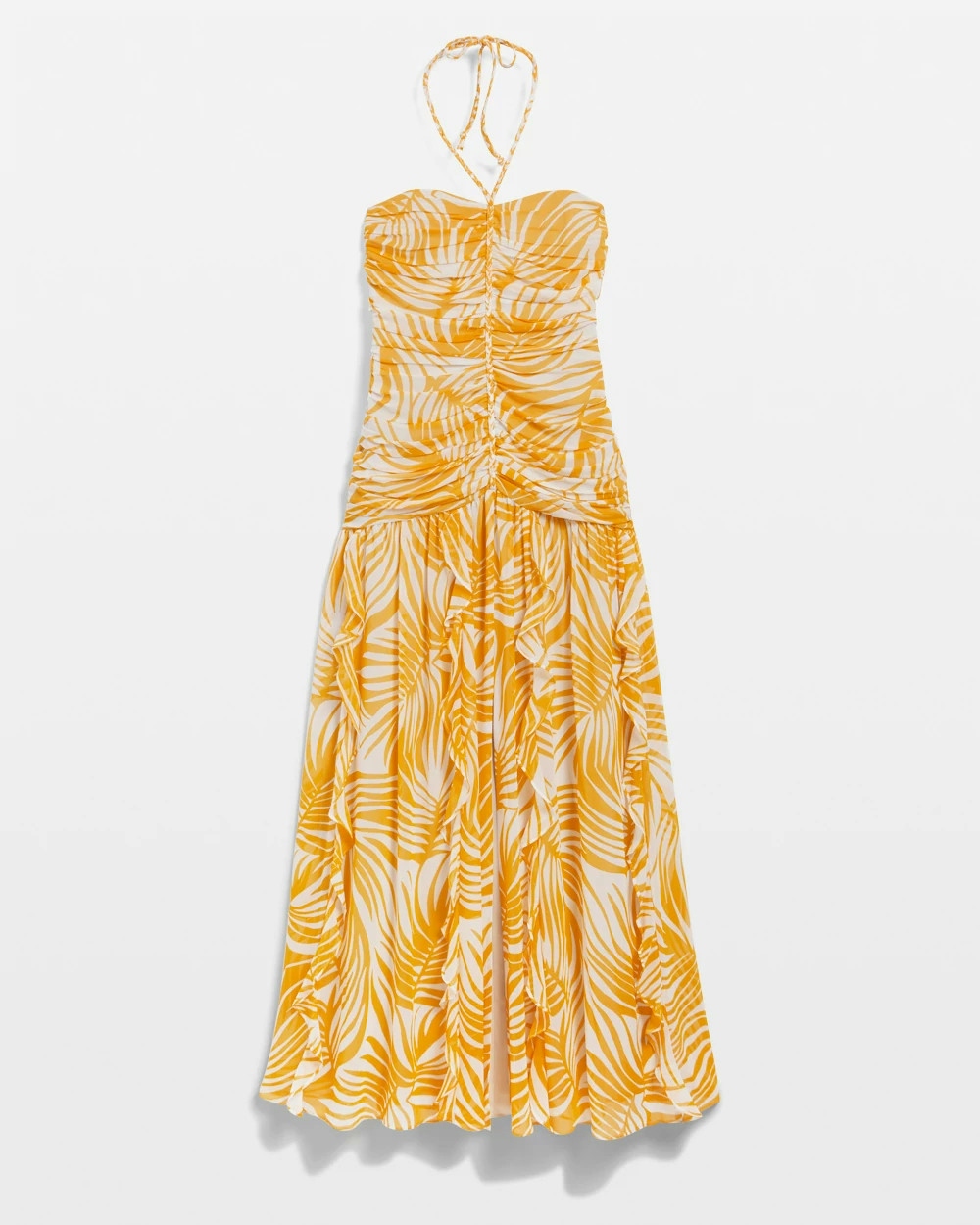 Shop White House Black Market Halter Braid Ruched Maxi Dress In Palm Frond Liquid Gold