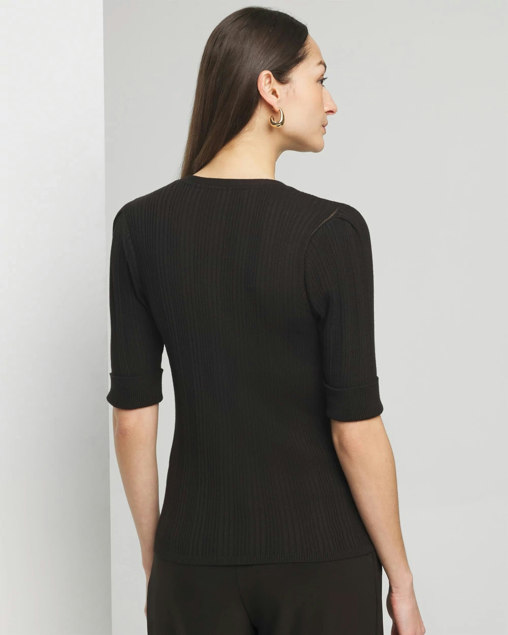 Shop White House Black Market Cashmere Blend Elbow-sleeve Henley Sweater In Black