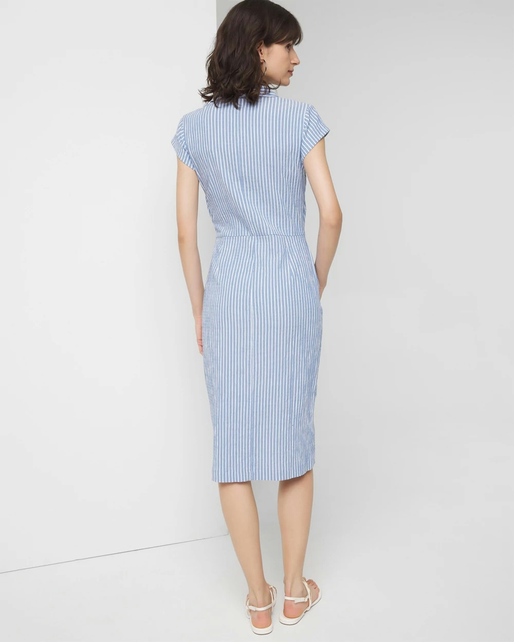 Shop White House Black Market Short Sleeve Button Detail Dress In Blue And White Yd Stripe