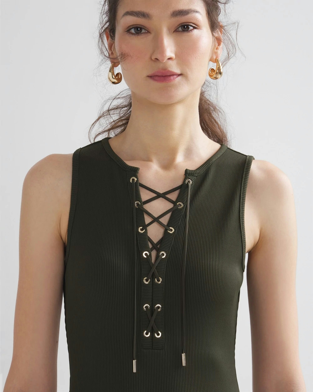 Shop White House Black Market Ribbed Lace-up Dress In Olive Green