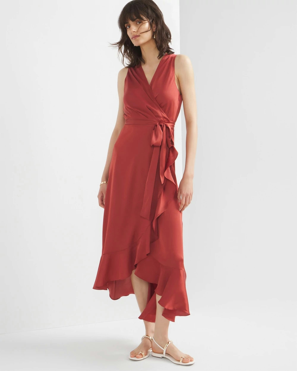 Shop White House Black Market Petite Sleeveless Satin Wrap Dress In Rust Red