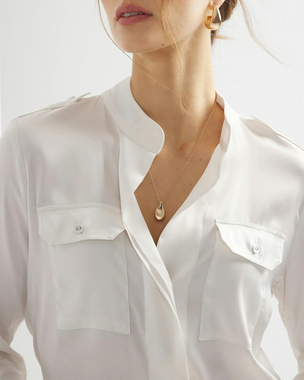 Shop White House Black Market Long Sleeve Collar Pocket Shirt In Ecru/white