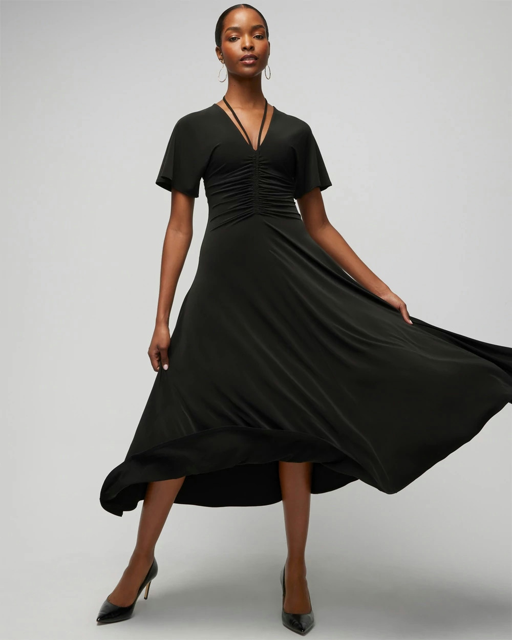 Shop White House Black Market Petite Short-sleeve Ruched Front Midi Dress In Black
