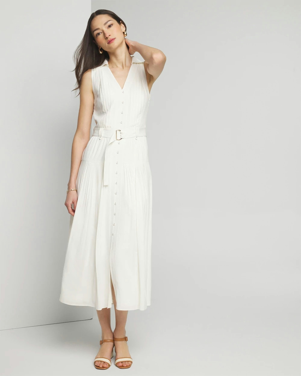 Shop White House Black Market Sleeveless Utility Collar Midi Dress In Ecru/white
