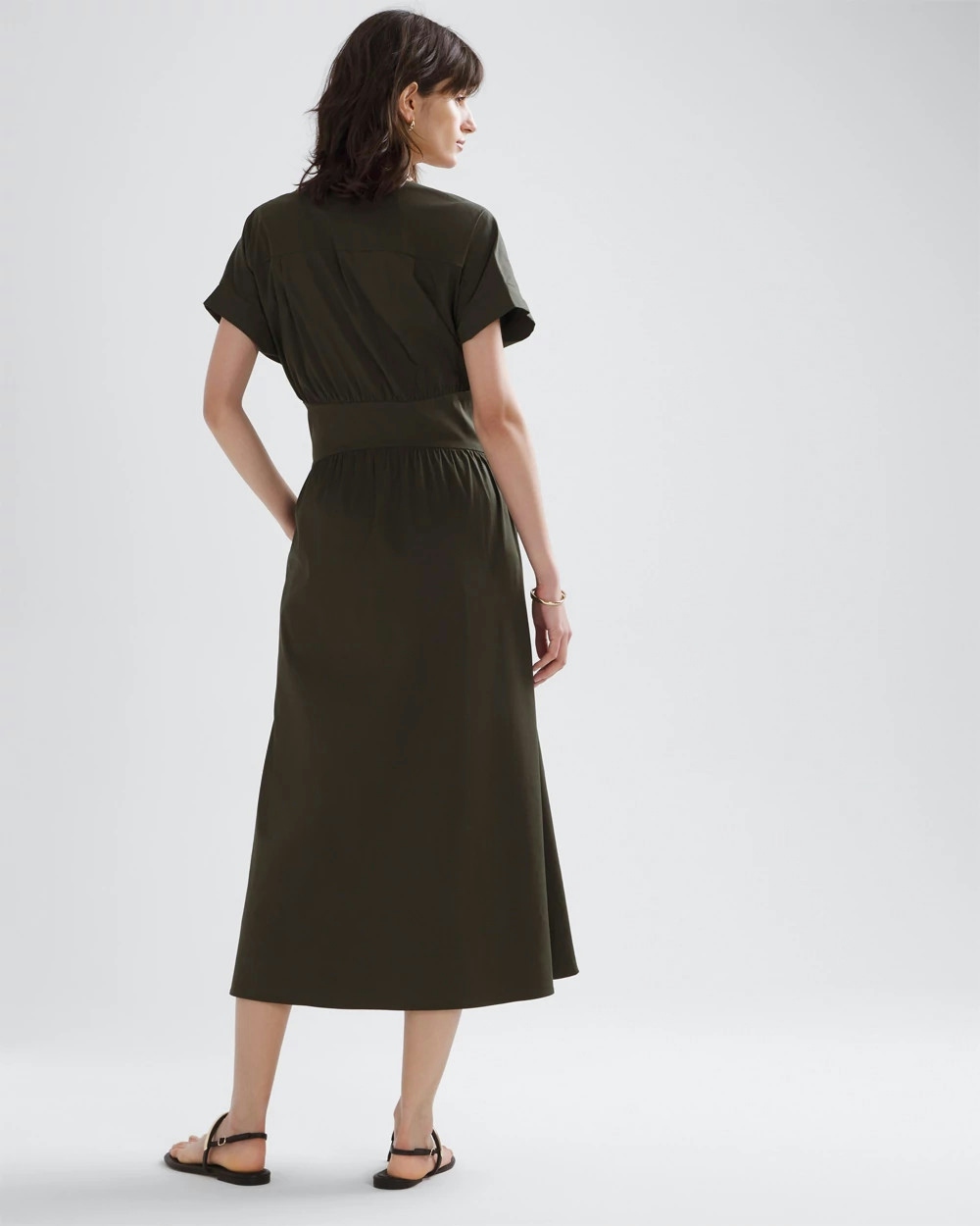 Shop White House Black Market Petite Short Sleeve Collar Poplin Midi Dress In Olive Green