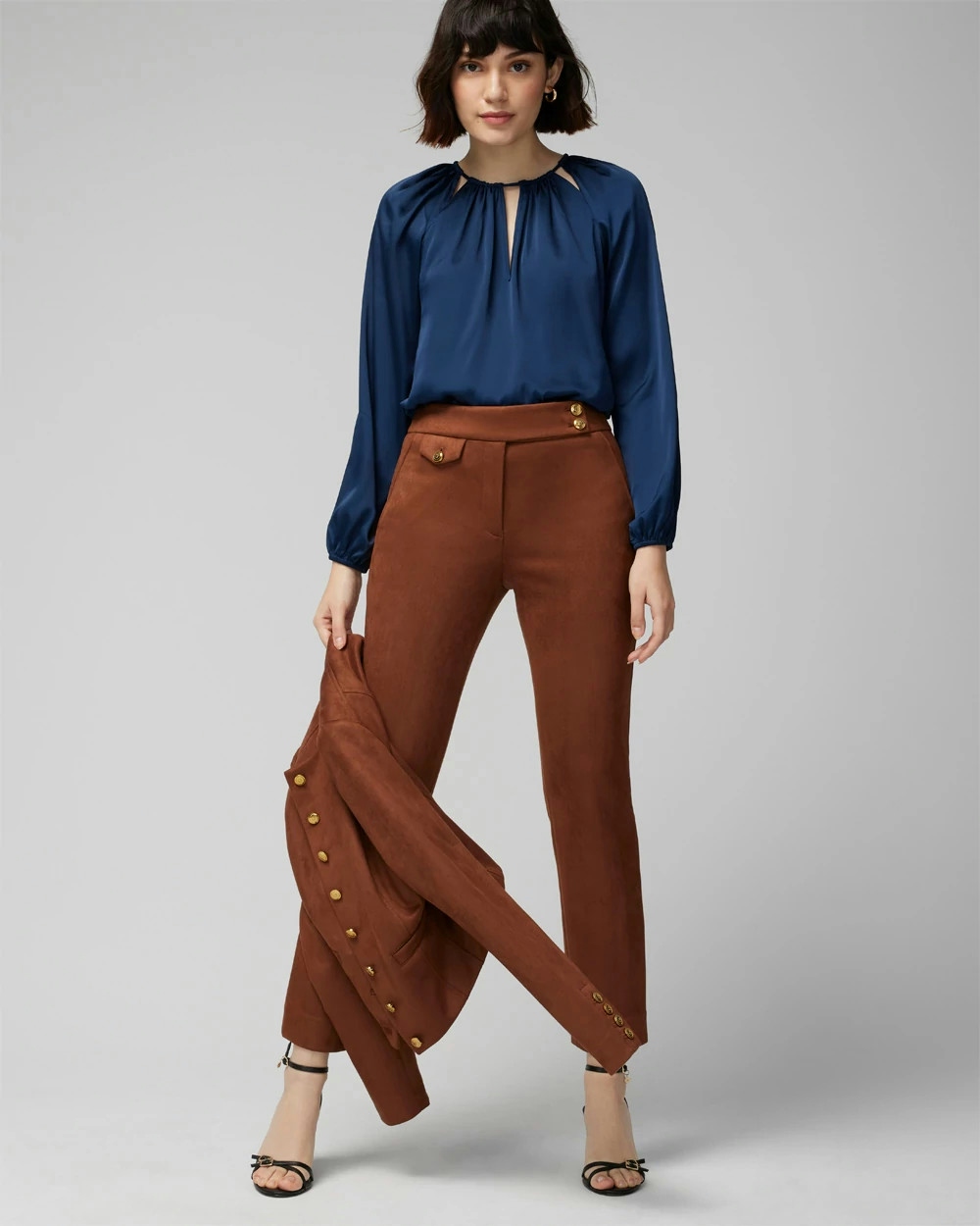 Shop White House Black Market Petite Faux Suede Straight Pants In Brown