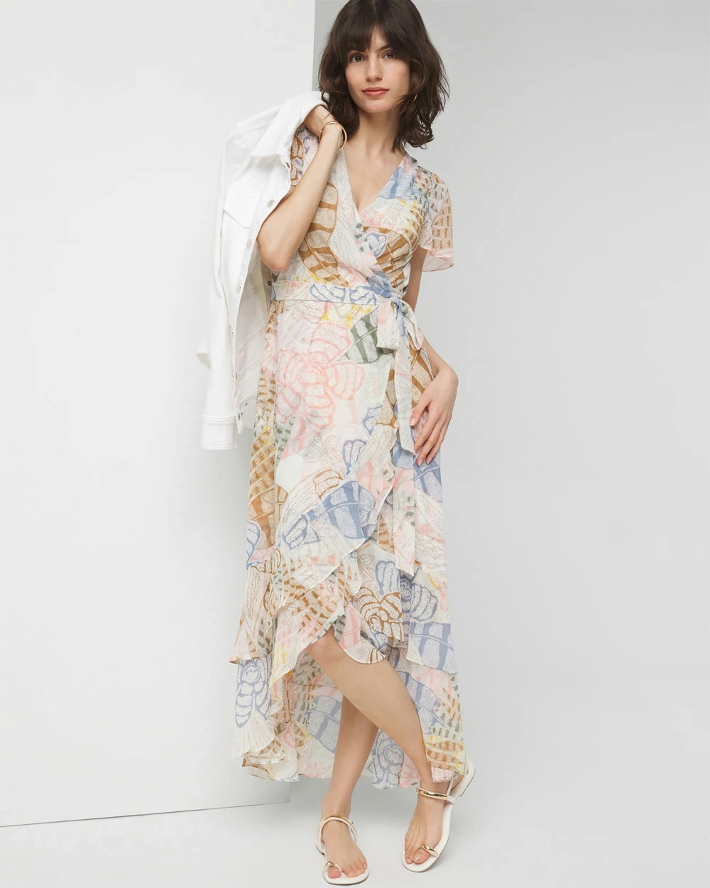Shop White House Black Market Short Sleeve Flutter Wrap Midi Dress In Tropic Bliss Ecru
