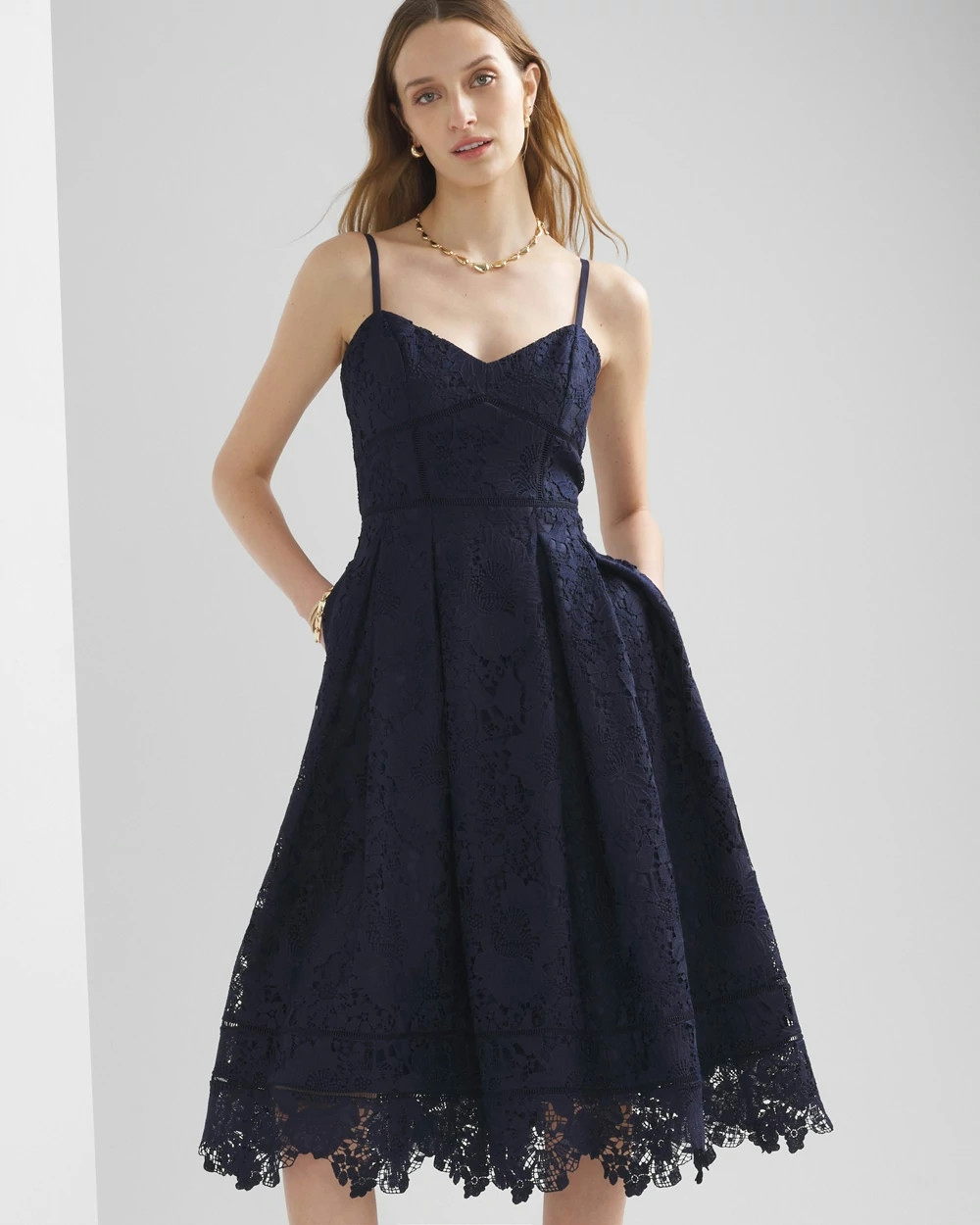 Shop White House Black Market Sleeveless Lace Fit & Flare Midi Dress In Navy Blue