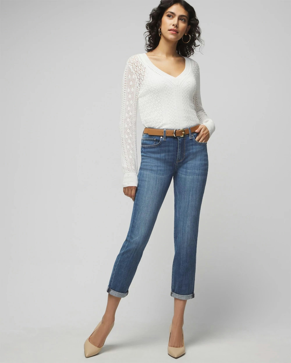 Shop White House Black Market Mid-rise Girlfriend Jeans In Medium Wash Denim