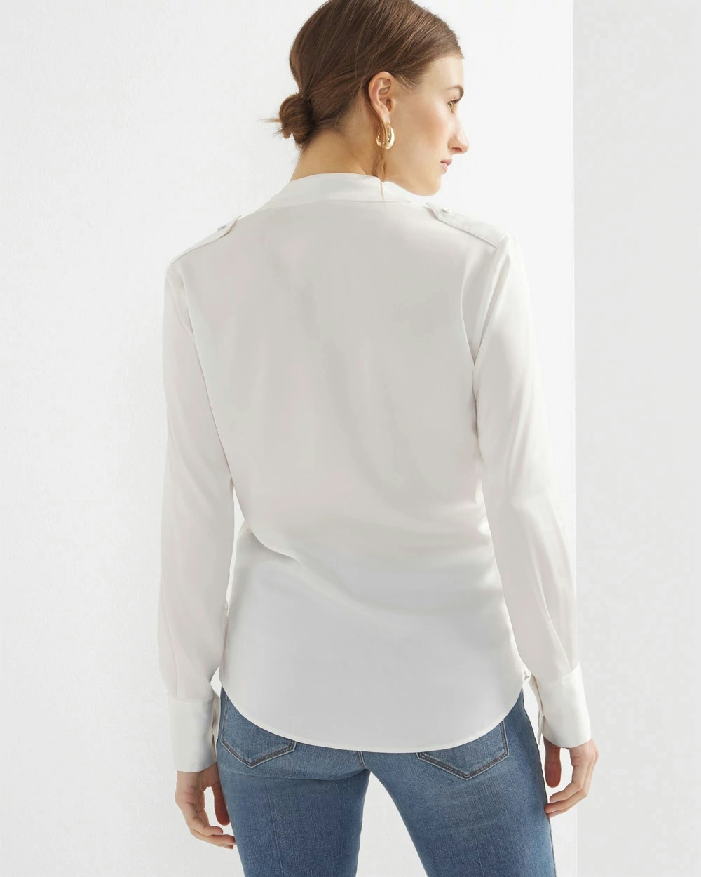Shop White House Black Market Long Sleeve Collar Pocket Shirt In Ecru/white