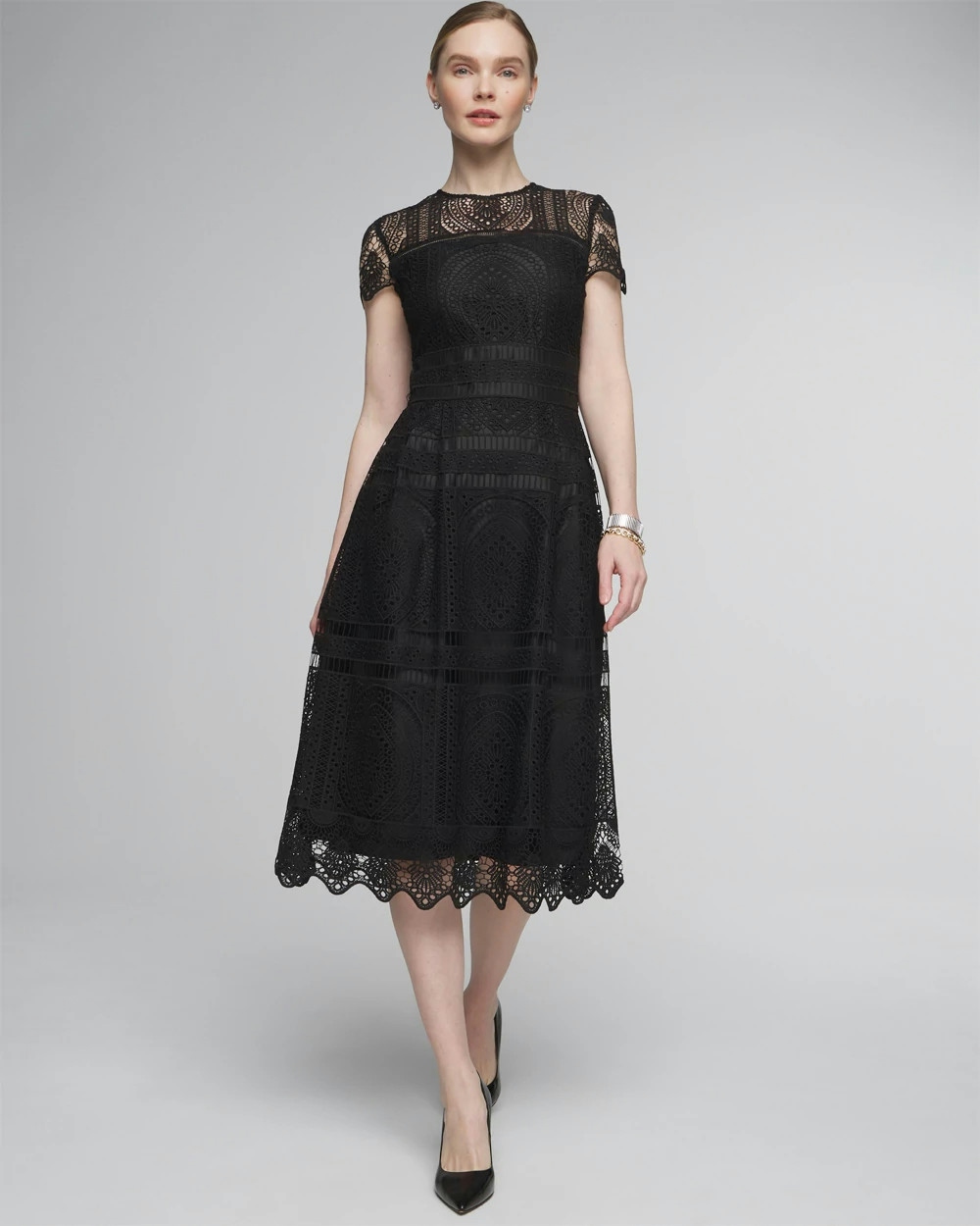 Shop White House Black Market Embroidered Lace Fit & Flare Dress In Black