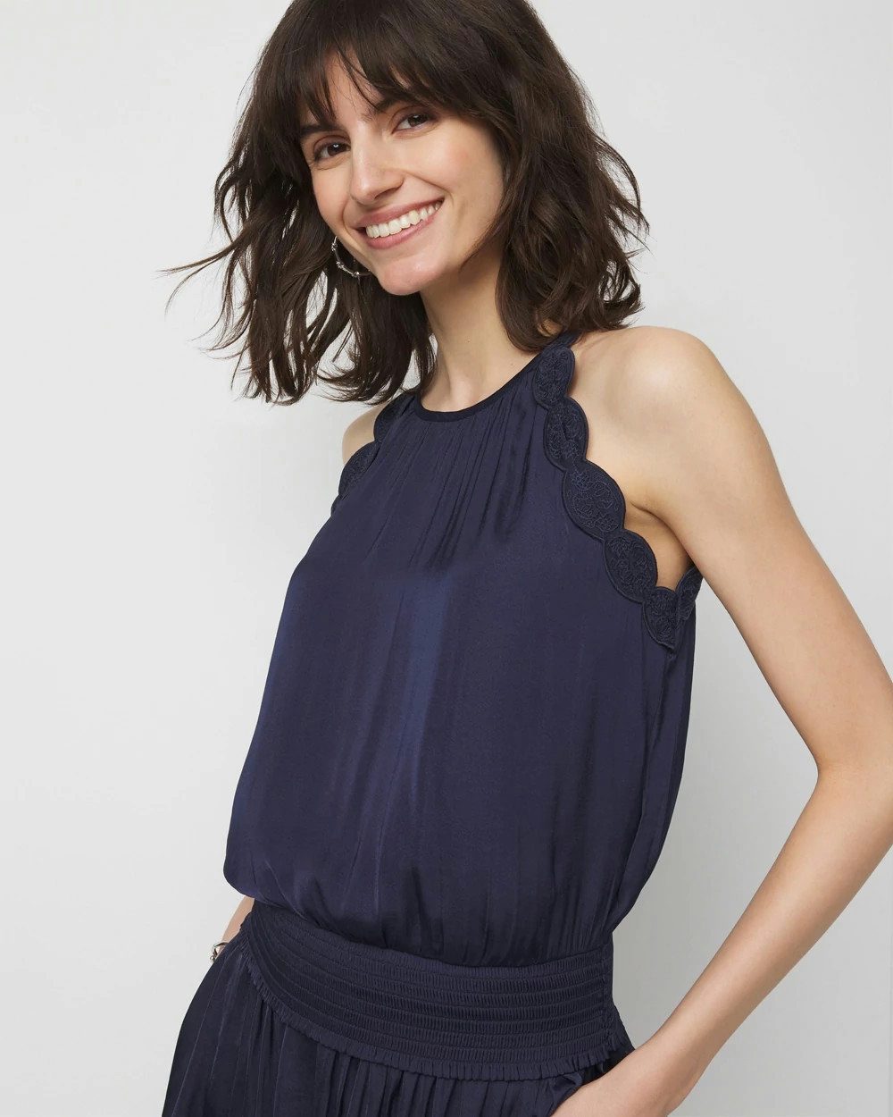 White House Black Market Embroidered Detail Halter Top In Navy Blue